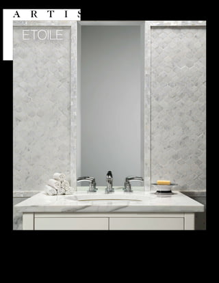 Etoile | July 2014www.artistictile.com | 1.877.528.5401
ETOILE
ETOILEis Artistic Tile’s crisp, modern version of a Moorish classic. Cut with precision waterjet machines to an exacting
dimension, ETOILE adds a refined, cultured style to any project. Stocked and ready to ship in Calacatta Gold, Bianco Carrara
and Thassos marbles, ETOILE also looks amazing when combined with glass, mirror and textured stone. Find your perfect
combination with Artistic Tile’s Tailored To customization program. Suitable for outstanding walls, backsplashes and floors.
 