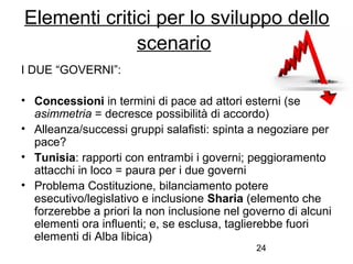 24
Elementi critici per lo sviluppo dello
scenario
I DUE “GOVERNI”:
• Concessioni in termini di pace ad attori esterni (se
asimmetria = decresce possibilità di accordo)
• Alleanza/successi gruppi salafisti: spinta a negoziare per
pace?
• Tunisia: rapporti con entrambi i governi; peggioramento
attacchi in loco = paura per i due governi
• Problema Costituzione, bilanciamento potere
esecutivo/legislativo e inclusione Sharia (elemento che
forzerebbe a priori la non inclusione nel governo di alcuni
elementi ora influenti; e, se esclusa, taglierebbe fuori
elementi di Alba libica)
 