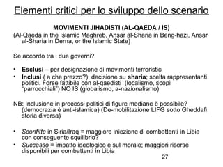 27
MOVIMENTI JIHADISTI (AL-QAEDA / IS)
(Al-Qaeda in the Islamic Maghreb, Ansar al-Sharia in Beng-hazi, Ansar
al-Sharia in Derna, or the Islamic State)
Se accordo tra i due governi?
• Esclusi – per designazione di movimenti terroristici
• Inclusi ( a che prezzo?): decisione su sharia; scelta rappresentanti
politici. Forse fattibile con al-qaedisti (localismo, scopi
“parrocchiali”) NO IS (globalismo, a-nazionalismo)
NB: Inclusione in processi politici di figure mediane è possibile?
(democrazia è anti-islamica) (De-mobilitazione LIFG sotto Gheddafi
storia diversa)
• Sconfitte in Siria/Iraq = maggiore iniezione di combattenti in Libia
con conseguente squilibrio?
• Successo = impatto ideologico e sul morale; maggiori risorse
disponibili per combattenti in Libia
Elementi critici per lo sviluppo dello scenario
 