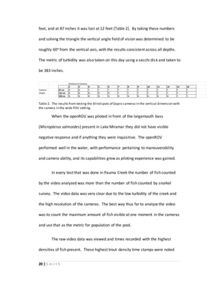 20 | S m i t h
feet, and at 87 inches it was lost at 12 feet (Table 2). By taking these numbers
and solving the triangle the vertical angle field of vision was determined to be
roughly 60o from the vertical axis, with the results consistent across all depths.
The metric of turbidity was also taken on this day using a secchi disk and taken to
be 383 inches.
Table 2. The results from testing the blind spots of Gopro cameras in the vertical dimension with
the camera in the wide FOV setting.
When the openROV was piloted in front of the largemouth bass
(Micropterus salmoides) present in Lake Miramar they did not have visible
negative response and if anything they were inquisitive. The openROV
performed well in the water, with performance pertaining to maneuverability
and camera ability, and its capabilities grew as piloting experience was gained.
In every test that was done in Pauma Creek the number of fish counted
by the video analyzed was more than the number of fish counted by snorkel
survey. The video data was very clear due to the low turbidity of the creek and
the high resolution of the cameras. The best way thus far to analyze the video
was to count the maximum amount of fish visible at one moment in the cameras
and use that as the metric for population of the pool.
The raw video data was viewed and times recorded with the highest
densities of fish present. These highest trout density time stamps were noted
Distance to Camera
2' 3' 4' 5' 6' 7' 8' 9' 10' 11' 12' 13' 14'
Camera 67 cm N N Y Y Y Y Y Y Y Y Y Y Y
Depth: 131 cm N N N N N Y Y Y Y Y Y Y Y
220 cm N N N N N N N N N N N Y Y
 