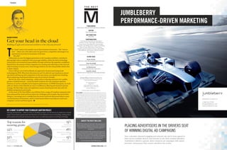 PAGE 2 | OCTOBER 2015 THENEXTMILLION.COM
PUBLISHERS
Mario Paron, Peter McNeill and Kristina Valentini
EDITOR
Bryan Borzykowski
ART DIRECTOR
Erik Mohr
CONTRIBUTORS
Sarah Barmak, Brenda Bouw, LM Chabot,
Jennifer D. Foster, Claire Gagné, Erik Heinrich,
Diane Jermyn, Alex Azalea Jin, Guy Lancaster,
Reynard Li, Kari Medig, Brian G. Miske, Sunil Mistry,
Matt O’Grady, Chelsea Peters, Diane Peters,
Andrew Querner, Graham Roumieu, John Ruﬀolo,
Kim Shiﬀman, Jay Somerset, Sally Tan Soriano,
Rémi Thériault
GLOBE EDGE
Teena Poirier
DIRECTOR, CLIENT ENGAGEMENT AND GLOBE EDGE
Sean Stanleigh
MANAGING EDITOR, GLOBE CONTENT STUDIO
Liz Massicotte
PROGRAM MANAGER, GLOBE EDGE
Isabelle Cabral
PRODUCTION CO-ORDINATOR, THE GLOBE AND MAIL
The Next Million is designed and produced by
The Globe and Mail Custom Content Group on
behalf of KPMG Enterprise.
All Correspondence:
KPMG LLP
4100 Yonge Street, Suite 200,
North York, Ontario, M2P 2H3
enterprise@kpmg.ca
Printing and pre-press by DM Digital+1
DISCLAIMER: The information disclosed herein is intended to provide only
general guidance with respect to the various matters dealt with and is not an
exhaustive description of all issues and risks that may be present to any person
or persons. The information disclosed herein should not be regarded as advice
and is based solely on facts and circumstances provided to KPMG and should
not be regarded as suitable for use by any person or persons. Any information
herein is based on current tax law including judicial and administrative
interpretation. Tax law is subject to continual change, at times on a retroactive
basis and may result in incremental taxes, interest or penalties. Facts and
circumstances along with changes in law or its interpretation change impacts
such foregoing referred to information. The information herein is current as
of the date of the information and has not been updated for changes in law or
interpretation after the date thereof. For this reason, the reader should not rely
upon this information without seeking the advice of a qualified professional.
We accept no responsibility or liability for any reliance that the any person or
persons may place on the information contained herein. We neither warrant
nor represent that this is sufficient or appropriate for any purposes that any
person or persons may have.
The KPMG name, logo and “cutting through complexity” are registered
trademarks or trademarks of KPMG International.
ABOUT THE NEXT MILLION
M is the Roman numeral for one thousand. There was once a time
where no single letter held greater value. It wasn’t until centuries
later that appeared. means one million. But as impressive as
that sounds, we see it as the basis for something bigger still –
your business.
You’ve made it through the hurdles, pushed past the naysayers and
proven your ideas can work. You already know what it takes to be an
entrepreneur. It takes a special boldness, creativity and drive. You’ve
made it. Now it’s time to grow it. In The Next Million, we highlight the
success stories of entrepreneurs like you. Stories that will inspire you
from the ﬁrst million to the next – and each one after that.
You’re the entrepreneur. We’re KPMG Enterprise.
T
he “cloud” seems to be another one of those business buzzwords – like “innova-
tion” – where over a few short years it’s gone from a competitive advantage to an
operational necessity for businesses of all sizes.
But why?
Millennials are now the biggest generation in the Canadian workforce, and they’re
placing high value in employers that encourage mobility, utilize the latest technology
and promote environmental responsibility through initiatives like paperless workplaces.
Beyond that, the amount of data companies are creating and collecting is truly vast and
only increasing. In many cases, cloud storage solutions are the only possible solution due
to sheer volume.
Close to 80 per cent of all workloads are expected to be processed using cloud
technology by 2018. What does this mean for you? In order for your business to attract
top talent and keep up with competitors in the near future, you should start thinking
about embracing cloud-based solutions now (if you haven’t already).
But let’s be clear, cloud computing – which refers to sharing resources over a public,
private or hybrid network – cannot by itself transform the way a business operates.
However, it can be a valuable tool to improve performance. At KPMG Enterprise, we work
with our clients to first identify an issue or inefficiency affecting the business’s greater
strategy. We then help create and implement custom cloud-based tools that solve the
problem and generate real results.
In this issue of The Next Million, you will hear from a range of Canadian companies that
have embraced the cloud and learn about the challenges and triumphs they faced while
doing so. I encourage you to consider how the stories and tools showcased relate to your
current business environment, and if a cloud-based solution may help you reach your
company’s current and future goals.
ILLUSTRATIONBYCHELSEAPETERS
GET A GRANT TO SUPPORT YOUR TECHNOLOGY ADOPTION PROJECT
Ask any entrepreneur – when it comes to funding a project, not all sources of capital are created
equal. Government grants and contributions are non-dilutive sources of funding, making them
particularly attractive for businesses that want to undertake projects involving technology
Mario Paron is the co-publisher of The Next Million and a Canadian managing partner at KPMG Enterprise. 
MARIO PARON
Get your head in the cloud
Buildinganagileandconnectedworkforceistheonlywayforward
PARON
22%
Marketing: reaching
new markets
32%
Transfer R&D and
commercialization
15%
Productivity:
adopting new tech
16%
Expansion: new buildings,
equipment or staﬀ
15%
Other: Start-up,
entrepreneurship support
Top reasons for
securing grants
JUMBLEBERRY
PERFORMANCE-DRIVEN MARKETING
Questions? Contact us.
1-888-832-9785
info@jumbleberry.com
www.jumbleberry.com
PLACING ADVERTISERS IN THE DRIVERS SEAT
OF WINNING DIGITAL AD CAMPAIGNS
Your customers demand engaging and relevant ads and it must appeal to
them across multiple devices and formats to win their coveted attention.
Jumbleberry delivers superior direct-response ad campaigns with speed,
precision, and passion that convert attention into action.
 