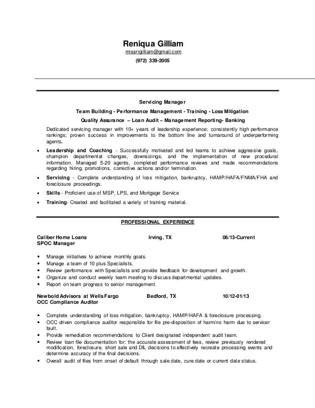 Loan servicing manager resume