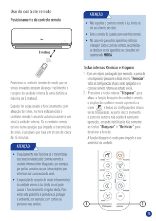 15
Uso do controle remoto
Posicionamento do controle remoto
8 metros
SLE
EP
SHO
RTCUT
TIM
ERON
TIM
EROFF
LOC
K
RES
ET
LED
FANSPE
EDDIR
ECT
SW
ING
MO
DE
TEM
P
TUR
BO
FP
ON
/OF
F
Posicionar o controle remoto de modo que os
sinais enviados possam alcançar facilmente o
receptor da unidade interna (a uma distância
máxima de 8 metros).
Quando for selecionado o funcionamento com
ativação do timer, na hora estabelecida o
controle remoto transmite automaticamente um
sinal à unidade interna. Se o controle remoto
estiver numa posição que impede a transmissão
do sinal, é possível que haja um atraso de cerca
de 15 minutos.
ATENÇÃO !
• Oequipamentonãofunciona seatransmissão
dossinaisenviadospelocontroleremoto à
unidadeinternaestiverbloqueada,porexemplo,
porportas,armáriosouporoutrosobjetosque
interﬁram na transmissão do sinal.
• A exposição do receptor de sinais infravermelhos
da unidade interna à luz direta do sol pode
causar o funcionamento irregular desta. Para
evitar este problema é providencial proteger
o ambiente, por exemplo, com cortina ou
persianas nas janelas.
Teclas internas Reiniciar e Bloquear
1 - Com um objeto pontiagudo (por exemplo: a ponta de
uma lapiseira) pressioneateclainterna “Reiniciar”,
todasasconﬁguraçõesatuais serão apagadas e o
controle remoto retorna ao estado inicial.
2 - Pressione a tecla interna “Bloquear” para
ativar a função bloqueio do controle remoto,
o display do controle remoto apresenta o
ícone “ ” e todas as configurações atuais
serão bloqueadas. A partir deste momento
o controle remoto não aceitará nenhuma
operação; estando habilitadas tão somente
as teclas “Bloquear” e “Reiniciar” para
desativar a função.
A função bloqueio é usada para impedir o uso
acidental da unidade.
12
ATENÇÃO !
• Não exponha o controle remoto à luz direta do
sol ou a fontes de calor.
• Eviteocontatodelíquidoscomocontroleremoto.
• No caso em que outros aparelhos elétricos
interajam com o controle remoto, recomenda-
se deslocar estes aparelhos ou consultar um
credenciado MIDEA.
 