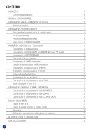 4
CONTEÚDO
PRECAUÇÕES 5
Considerações de segurança 5
DESCRIÇÃO DOS COMPONENTES 8
FUNCIONAMENTO MANUAL - OPERAÇÃO DE EMERGÊNCIA 10
Substituição de pilhas 11
FUNCIONAMENTO DO CONTROLE REMOTO 12
Descrição e função dos indicadores do controle remoto 14
Uso do controle remoto 15
Posicionamento do controle remoto 15
Teclas internas REINICIAR e BLOQUEAR 15
OPERAÇÃO DA UNIDADE INTERNA - EVAPORADORA 16
Funcionamento no modo automático 16
Funcionamento em REFRIGERAÇÃO, em AQUECIMENTO ou em VENTILAÇÃO 17
Funcionamento em DESUMIDIFICAÇÃO 18
Características de funcionamento 18
Funcionamento do TIMER (temporizador) 19
Exemplos de conﬁguração do TIMER (temporizador) 20
Funcionamento com conﬁguração do TIMER ON 20
Desligamento com conﬁguração do TIMER OFF 20
Conﬁguração combinada do Timer 21
Funcionamento das funções Dormir 22
Características de funcionamento na função Dormir 22
Ajuste das direções do ﬂuxo de ar 23
FUNCIONAMENTO DA UNIDADE INTERNA - EVAPORADORA 25
Características de funcionamento no modo AUTOMÁTICO 25
Características de funcionamento no modo DORMIR 25
Características de funcionamento no modo DESUMIDIFICAÇÃO 25
CUIDADOS E MANUTENÇÃO 26
Limpeza do ﬁltro de ar 26
Limpeza da unidade interna e do controle remoto 27
Manutenção 28
Veriﬁcações a efetuar antes da colocação em funcionamento 28
INFORMAÇÕES SOBRE O FUNCIONAMENTO 28
LOCALIZAÇÃO DE AVARIAS 30
 