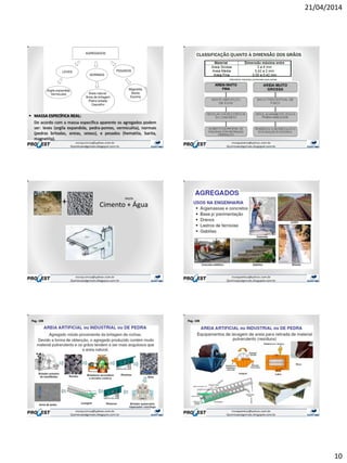 21/04/2014
10
 MASSA ESPECÍFICA REAL:
De acordo com a massa específica aparente os agregados podem
ser: leves (argila expandida, pedra-pomes, vermiculita), normais
(pedras britadas, areias, seixos), e pesados (hematita, barita,
magnetita).
+ Cimento + Água
PASTA
Pag. 108 Pag. 108
 