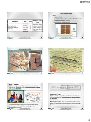 21/04/2014
19
• Sacos
– Galpões fechados
– Estrados de madeira a 10cm do solo e a 10cm das paredes
– Empilhamento máximo: 10 sacos
– Tempo máximo: 30 dias (canteiro)
Armazenamento
Armazenamento
Mas, o que é FCK ?
O (fck) é um sigla que significa a resistência característica do
concreto aos 28 dias para efeito de dimensionamento e cálculo
estrutural do (PROJETO).
Ou seja, é a resistência mínima que o concreto deve atender
dentro de uma análise estatística, para que garanta a
estabilidade da estrutura.
Mas, o que é FCK ?
O (fck) é um sigla que significa a resistência característica do
concreto para efeito de dimensionamento e cálculo estrutural
do (PROJETO).
Mas, o uqe é o Fcj? O Fcj é o cálculo da resistência média
aos 28 dias de todas as amostras colhidas de do concreto. O j =
28 dias
 