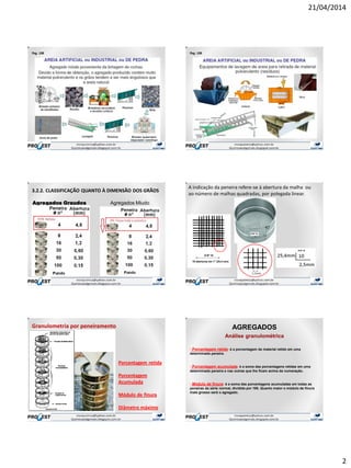 21/04/2014
2
Pag. 108 Pag. 108
3.2.2. CLASSIFICAÇÃO QUANTO À DIMENSÃO DOS GRÃOS
Agregados Graudos Agregados Miudo
A indicação da peneira refere-se à abertura da malha ou
ao número de malhas quadradas, por polegada linear.
Granulometria por peneiramento
Porcentagem retida
Porcentagem
Acumulada
Módulo de finura
Diâmetro máximo
AGREGADOS
Análise granulométrica
- Porcentagem retida: é a porcentagem de material retido em uma
determinada peneira.
- Porcentagem acumulada: é a soma das porcentagens retidas em uma
determinada peneira e nas outras que lhe ficam acima da numeração.
- Módulo de finura: é a soma das porcentagens acumuladas em todas as
peneiras da série normal, dividida por 100. Quanto maior o módulo de finura
mais grosso será o agregado.
 