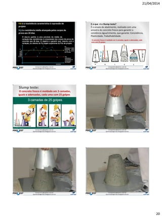 21/04/2014
20
v
E o que é o Slump teste?
É o ensaio de abatimento, realizado com uma
amostra do concreto fresco para garantir a
constância água/cimento, que garante: Consistência,
Plasticidade, Trabalhabilidade.
O concreto fresco é moldado em 3 camadas, iguais e adensadas, cada
uma com 25 golpes
Abat.
Slump teste:
O concreto fresco é moldado em 3 camadas,
iguais e adensadas, cada uma com 25 golpes
 