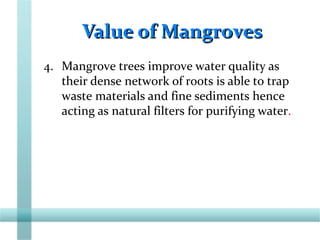 Value of MangrovesValue of Mangroves
4. Mangrove trees improve water quality as
their dense network of roots is able to trap
waste materials and fine sediments hence
acting as natural filters for purifying water.
 