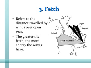 3. Fetch3. Fetch
• Refers to the
distance travelled by
winds over open
seas.
• The greater the
fetch, the more
energy the waves
have.
 