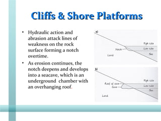 Cliffs & Shore PlatformsCliffs & Shore Platforms
• Hydraulic action and
abrasion attack lines of
weakness on the rock
surface forming a notch
overtime.
• As erosion continues, the
notch deepens and develops
into a seacave, which is an
underground chamber with
an overhanging roof.
 
