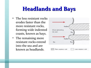 Headlands and BaysHeadlands and Bays
• The less resistant rocks
erodes faster than the
more resistant rocks,
forming wide indented
coasts, known as bays.
• The remaining more
resistant rocks extend
into the sea and are
known as headlands.
 