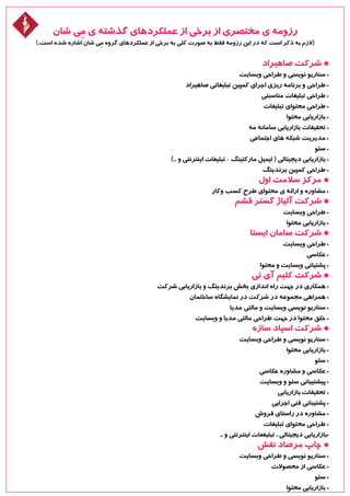 ‫شان‬ ‫ی‬ِ‫م‬ ‫ی‬ ‫گذشته‬ ‫عملکردهای‬ ‫از‬ ‫برخی‬ ‫از‬ ‫مختصری‬ ‫ی‬ ‫رزومه‬
).‫است‬ ‫شده‬ ‫اشاره‬ ‫شان‬ ‫ی‬ِ‫م‬ ‫گروه‬ ‫عملکردهای‬ ‫از‬ ‫برخی‬ ‫به‬ ‫کلی‬ ‫صورت‬ ‫به‬ ‫فقط‬ ‫رزومه‬ ‫این‬ ‫در‬ ‫که‬ ‫است‬ ‫ذکر‬ ‫به‬ ‫(الزم‬
‫صاهیراد‬ ‫شرکت‬ *
‫وبسایت‬ ‫طراحی‬ ‫و‬ ‫نویسی‬ ‫سناریو‬ •
‫صاهیراد‬ ‫تبلیغاتی‬ ‫کمپین‬ ‫اجرای‬ ‫ریزی‬ ‫برنامه‬ ‫و‬ ‫طراحی‬ •
‫مناسبتی‬ ‫تبلیغات‬ ‫طراحی‬ •
‫تبلیغات‬ ‫محتوای‬ ‫طراحی‬ •
‫محتوا‬ ‫بازاریابی‬ •
‫مه‬ ‫سامانه‬ ‫بازاریابی‬ ‫تحقیقات‬ •
‫اجتماعی‬ ‫های‬ ‫شبکه‬ ‫مدیریت‬ •
‫سئو‬ •
).. ‫و‬ ‫اینترنتی‬ ‫تبلیغات‬ – ‫مارکتینگ‬ ‫ایمیل‬ ( ‫دیجیتالی‬ ‫بازاریابی‬ •
‫برندینگ‬ ‫کمپین‬ ‫طراحی‬ •
‫اول‬ ‫سالمت‬ ‫مرکز‬ *
‫وکار‬ ‫کسب‬ ‫طرح‬ ‫محتوای‬ ‫ی‬ ‫ارائه‬ ‫و‬ ‫مشاوره‬ •
‫قشم‬ ‫گستر‬ ‫آلیاژ‬ ‫شرکت‬ *
‫وبسایت‬ ‫طراحی‬ •
‫محتوا‬ ‫بازاریابی‬ •
‫ایستا‬ ‫سامان‬ ‫شرکت‬ *
‫وبسایت‬ ‫طراحی‬ •
‫عکاسی‬ •
‫محتوا‬ ‫و‬ ‫وبسایت‬ ‫پشتیانی‬ •
‫تی‬ ‫آی‬ ‫کلیم‬ ‫شرکت‬ *
‫شرکت‬ ‫بازاریابی‬ ‫و‬ ‫برندینگ‬ ‫بخش‬ ‫اندازی‬ ‫راه‬ ‫جهت‬ ‫در‬ ‫همکاری‬ •
‫ساختمان‬ ‫نمایشگاه‬ ‫در‬ ‫شرکت‬ ‫در‬ ‫مجموعه‬ ‫همراهی‬ •
‫مدیا‬ ‫مالتی‬ ‫و‬ ‫وبسایت‬ ‫نویسی‬ ‫سناریو‬ •
‫وبسایت‬ ‫و‬ ‫مدیا‬ ‫مالتی‬ ‫طراحی‬ ‫جهت‬ ‫در‬ ‫محتوا‬ ‫خلق‬ •
‫سازه‬ ‫اسپاد‬ ‫شرکت‬ *
‫وبسایت‬ ‫طراحی‬ ‫و‬ ‫نویسی‬ ‫سناریو‬ •
‫محتوا‬ ‫بازاریابی‬ •
‫سئو‬ •
‫عکاسی‬ ‫مشاوره‬ ‫و‬ ‫عکاسی‬ •
‫وبسایت‬ ‫و‬ ‫سئو‬ ‫پیشتیبانی‬ •
‫بازاریابی‬ ‫تحقیقات‬ •
‫اجرایی‬ ‫فنی‬ ‫پشتیبانی‬ •
‫فروش‬ ‫راستای‬ ‫در‬ ‫مشاوره‬ •
‫تبلیغات‬ ‫محتوای‬ ‫طراحی‬ •
.. ‫و‬ ‫اینترنتی‬ ‫تبلیغعات‬ ، ‫دیجیتالی‬ ‫•بازاریابی‬
‫نقش‬ ‫مرصاد‬ ‫چاپ‬ *
‫وبسایت‬ ‫طراحی‬ ‫و‬ ‫نویسی‬ ‫سناریو‬ •
‫محصوالت‬ ‫از‬ ‫عکاسی‬ •
‫سئو‬ •
‫محتوا‬ ‫بازاریابی‬ •
 