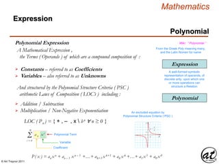© Art Traynor 2011
Mathematics
Polynomial
Expression
A well-formed symbolic
representation of operands, of
discrete arity, upon which one
or more operations can
structure a Relation
Expression
Polynomial Expression
A Mathematical Expression ,
the Terms ( Operands ) of which are a compound composition of :
Polynomial
Constants – referred to as Coefficients
Variables – also referred to as Unknowns
And structured by the Polynomial Structure Criteria ( PSC )
arithmetic Laws of Composition ( LOC’s ) including :
Addition / Subtraction
Multiplication / Non-Negative Exponentiation
LOC ( Pn ) = { + , – , x  bn ∀ n ≥ 0 }
Wiki: “ Polynomial ”
An excluded equation by
Polynomial Structure Criteria ( PSC )
Σ an xi
n
i = 0
P( x ) = an xn + an – 1 xn – 1 +…+ ak+1 xk+1 + ak xk +…+ a1 x1 + a0 x0
Variable
Coefficient
Polynomial Term
From the Greek Poly meaning many,
and the Latin Nomen for name




 