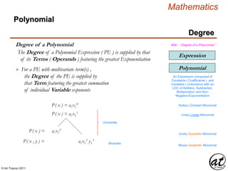 © Art Traynor 2011
Mathematics
Degree
Expression
Polynomial
Degree of a Polynomial
Polynomial
Wiki: “ Degree of a Polynomial ”
An Expression composed of
Constants ( Coefficients ) and
Variables ( Unknowns) with an
LOC of Addition, Subtraction,
Multiplication and Non-
Negative Exponentiation
The Degree of a Polynomial Expression ( PE ) is supplied by that
of its Terms ( Operands ) featuring the greatest Exponentiation
For a PE with multivariate term(s) ,
the Degree of the PE is supplied by
that Term featuring the greatest summation
of individual Variable exponents

P( x ) = ai xi
0 Nullary Constant Monomial
P( x ) = ai xi
1
Unary Linear Monomial
P( x ) = ai xi
2
Unary Quadratic Monomial
ai xi
1 yi
1P( x , y ) =
Binary Quadratic Monomial
Univariate
Bivariate
 