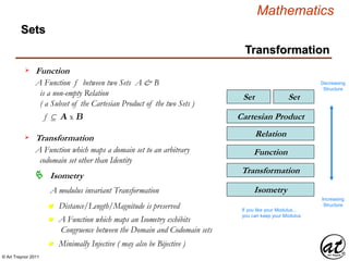 © Art Traynor 2011
Mathematics
Sets
SetSet
Relation
Cartesian Product
Function
Transformation
f  A x B
Function
A Function f between two Sets A & B
is a non-empty Relation
( a Subset of the Cartesian Product of the two Sets )
Transformation
Transformation
A Function which maps a domain set to an arbitrary
codomain set other than Identity
Decreasing
Structure
Increasing
Structure
Isometry
n Distance/Length/Magnitude is preserved
Isometry
A modulus invariant Transformation
If you like your Modulus…
you can keep your Modulus
n A Function which maps an Isometry exhibits
Congruence between the Domain and Codomain sets
n Minimally Injective ( may also be Bijective )
 