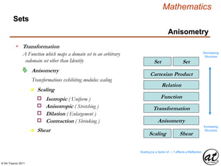 © Art Traynor 2011
Mathematics
Sets
SetSet
Relation
Cartesian Product
Function
Transformation
Transformation
A Function which maps a domain set to an arbitrary
codomain set other than Identity
Decreasing
Structure
Increasing
Structure
Anisometry
n Scaling
Anisometry
Transformations exhibiting modulus scaling
n Shear
ShearScaling
Anisometry
Isotropic ( Uniform )o
Anisotropic ( Stretching )o
Dilation ( Enlargement )o
Contraction ( Shrinking )o
Scaling by a factor of – 1 effects a Reflection
 