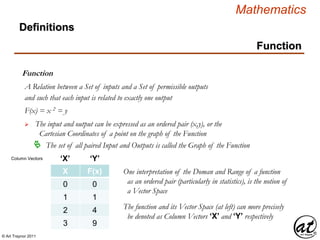 © Art Traynor 2011
Mathematics
Function
Function
A Relation between a Set of inputs and a Set of permissible outputs
Definitions
and such that each input is related to exactly one output
F(x) = x 2 = y
 The input and output can be expressed as an ordered pair (x,y), or the
Cartesian Coordinates of a point on the graph of the Function
 The set of all paired Input and Outputs is called the Graph of the Function
X F(x)
0 0
1 1
2 4
3 9
One interpretation of the Doman and Range of a function
as an ordered pair (particularly in statistics), is the notion of
a Vector Space
The function and its Vector Space (at left) can more precisely
be denoted as Column Vectors ‘X’ and ‘Y’ respectively
‘X’ ‘Y’Column Vectors
 