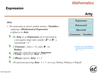 © Art Traynor 2011
Mathematics
Arity
Arity
Expression
The enumeration of discrete symbolic elements ( Variables )
comprising a Mathematical Expression
is defined as its Arity

The Arity of an Expression can be represented by
a non-negative integer index variable ( ℤ + or ℕ ),
conventionally “ n ”

A Constant ( Airty n = 0 , index ℕ )or
Nullary
represents a term that accepts no Argument

A Unary expresses an Airty n = 1
A relation can not be defined for
Expressions of Arity less than
two: n < 2
A Binary expresses Airty n = 2
All expressions possessing Airty n > 1 are n-ary, Multary, Multiary, or Polyadic
VariablesConstants
Operands
Expression
Polynomial
 