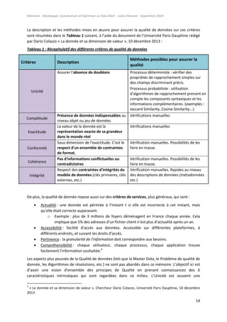 Mémoire - Développer, Automatiser et Optimiser un Data Mart - Julien Diennet - Septembre 2014
14
La description et les méthodes mises en œuvre pour assurer la qualité de données sur ces critères
sont résumées dans le Tableau 1 suivant, à l’aide du document de l’Université Paris Dauphine rédigé
par Dario Colazzo « La donnée et sa dimension de valeur », 10 décembre 2013 :
Tableau 1 : Récapitulatif des différents critères de qualité de données
Critères Description
Méthodes possibles pour assurer la
qualité
Unicité
Assurer l’absence de doublons Processus déterministe : vérifier des
propriétés de rapprochement simples sur
des champs discriminant précis.
Processus probabiliste : utilisation
d'algorithmes de rapprochement prenant en
compte les composants syntaxiques et les
informations complémentaires. (exemples :
Jaccard Similarity, Cosine Similarity...)
Complétude
Présence de données indispensables au
niveau objet ou jeu de données
Vérifications manuelles
Exactitude
La valeur de la donnée est la
représentation exacte de sa grandeur
dans le monde réel
Vérifications manuelles
Conformité
Sous dimension de l'exactitude. C'est le
respect d'un ensemble de contraintes
de format.
Vérification manuelles. Possibilités de les
faire en masse.
Cohérence
Pas d'informations conflictuelles ou
contradictoires
Vérification manuelles. Possibilités de les
faire en masse.
Intégrité
Respect des contraintes d'intégrités du
modèle de données (clés primaires, clés
externes, etc.)
Vérification manuelles. Rapides au niveau
des descriptions de données (métadonnées
etc.)
De plus, la qualité de donnée repose aussi sur des critères de services, plus généraux, qui sont :
 Actualité : une donnée est périmée à l’instant t si elle est incorrecte à cet instant, mais
qu’elle était correcte auparavant.
o Exemple : plus de 3 millions de foyers déménagent en France chaque année. Cela
implique que 5% des adresses d’un fichier client n’est plus d’actualité après un an.
 Accessibilité : facilité d’accès aux données. Accessible sur différentes plateformes, à
différents endroits, et suivant les droits d’accès.
 Pertinence : la granularité de l’information doit correspondre aux besoins.
 Compréhensibilité : chaque utilisateur, chaque processus, chaque application trouve
facilement l’information souhaitée.9
Les aspects plus poussés de la Qualité de données (tels que la Master Data, le Problème de qualité de
donnée, les Algorithmes de résolutions, etc.) ne sont pas abordés dans ce mémoire. L’objectif ici est
d’avoir une vision d’ensemble des principes de Qualité en prenant connaissances des 6
caractéristiques intrinsèques qui sont regardées dans ce milieu. L’Unicité est souvent une
9
« La donnée et sa dimension de valeur », Chercheur Dario Colazzo, Université Paris Dauphine, 10 décembre
2013
 