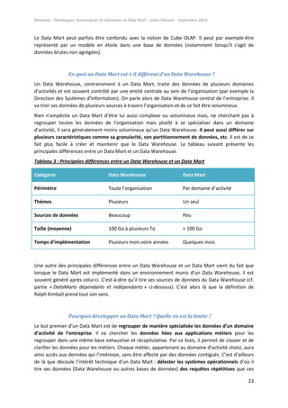 Mémoire - Développer, Automatiser et Optimiser un Data Mart - Julien Diennet - Septembre 2014
23
Le Data Mart peut parfois être confondu avec la notion de Cube OLAP. Il peut par exemple être
représenté par un modèle en étoile dans une base de données (notamment lorsqu'il s'agit de
données brutes non agrégées).
En quoi un Data Mart est-t-il différent d’un Data Warehouse ?
Un Data Warehouse, contrairement à un Data Mart, traite des données de plusieurs domaines
d’activités et est souvent contrôlé par une entité centrale au sein de l’organisation (par exemple la
Direction des Systèmes d’Information). On parle alors de Data Warehouse central de l’entreprise. Il
va tirer ses données de plusieurs sources à travers l’organisation et de ce fait être volumineux.
Rien n’empêche un Data Mart d’être lui aussi complexe ou volumineux mais, ne cherchant pas à
regrouper toutes les données de l’organisation mais plutôt à se spécialiser dans un domaine
d’activité, il sera généralement moins volumineux qu’un Data Warehouse. Il peut aussi différer sur
plusieurs caractéristiques comme sa granularité, son partitionnement de données, etc. Il est de ce
fait plus facile à créer et maintenir que le Data Warehouse. Le tableau suivant présente les
principales différences entre un Data Mart et un Data Warehouse.
Tableau 3 : Principales différences entre un Data Warehouse et un Data Mart
Catégorie Data Warehouse Data Mart
Périmètre Toute l’organisation Par domaine d’activité
Thèmes Plusieurs Un seul
Sources de données Beaucoup Peu
Taille (moyenne) 100 Go à plusieurs To < 100 Go
Temps d’implémentation Plusieurs mois voire années Quelques mois
Une autre des principales différences entre un Data Warehouse et un Data Mart vient du fait que
lorsque le Data Mart est implémenté dans un environnement munis d’un Data Warehouse, il est
souvent généré après celui-ci. C’est-à-dire qu’il tire ses sources de données du Data Warehouse (cf.
partie « DataMarts dépendants et indépendants » ci-dessous). C’est alors là que la définition de
Ralph Kimball prend tout son sens.
Pourquoi développer un Data Mart ? Quelle en est la limite ?
Le but premier d’un Data Mart est de regrouper de manière spécialisée les données d’un domaine
d’activité de l’entreprise. Il va chercher les données liées aux applications métiers pour les
regrouper dans une même base exhaustive et récapitulative. Par ce biais, il permet de classer et de
clarifier les données pour les métiers. Chaque métier, appartenant au domaine d’activité choisi, aura
ainsi accès aux données qui l’intéresse, sans être affecté par des données contiguës. C’est d’ailleurs
de là que découle l’intérêt technique d’un Data Mart : délester les systèmes opérationnels d’où il
tire ses données (Data Warehouse ou autres bases de données) des requêtes répétitives que ces
 