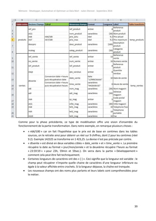 Mémoire - Développer, Automatiser et Optimiser un Data Mart - Julien Diennet - Septembre 2014
39
Comme pour la phase précédente, ce type de modélisation offre une vision d’ensemble du
fonctionnement de la partie transformation. Dans notre exemple, on remarque plusieurs choses :
 « nb6/100 » car on fait l’hypothèse que le prix est de base en centimes dans les tables
sources, on le retraite ainsi pour obtenir un réel sur 9 chiffres, dont 2 pour les centimes (réel
9.2). Exemple 142325 se transforme en 1 423,25. La devise n’est pas précisée par contre.
 « dtvente » est divisé en deux variables cibles « date_vente » et « time_vente ». La première
récupère la date au format « jour/mois/année » et la deuxième récupère l’heure au format
« 23:59:59 » « pour 23h, 59min et 59sec.). On verra dans la partie « Développement »
comment cela peut être fait techniquement.
 Certaines longueurs de caractères ont des « [ ] ». Ceci signifie que la longueur est variable : le
champ peut récupérer n’importe quelle chaine de caractères d’une longueur inférieure ou
égale à la valeur affichée entre crochets. Si la longueur dépasse, la chaîne est tronquée.
 Les nouveaux champs ont des noms plus parlants et leurs labels sont compréhensibles pour
le métier.
 