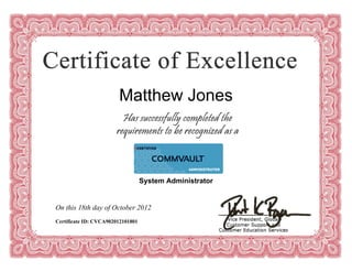 Matthew Jones
On this 18th day of October 2012
Certificate ID: CVCA902012101801
System Administrator
 
