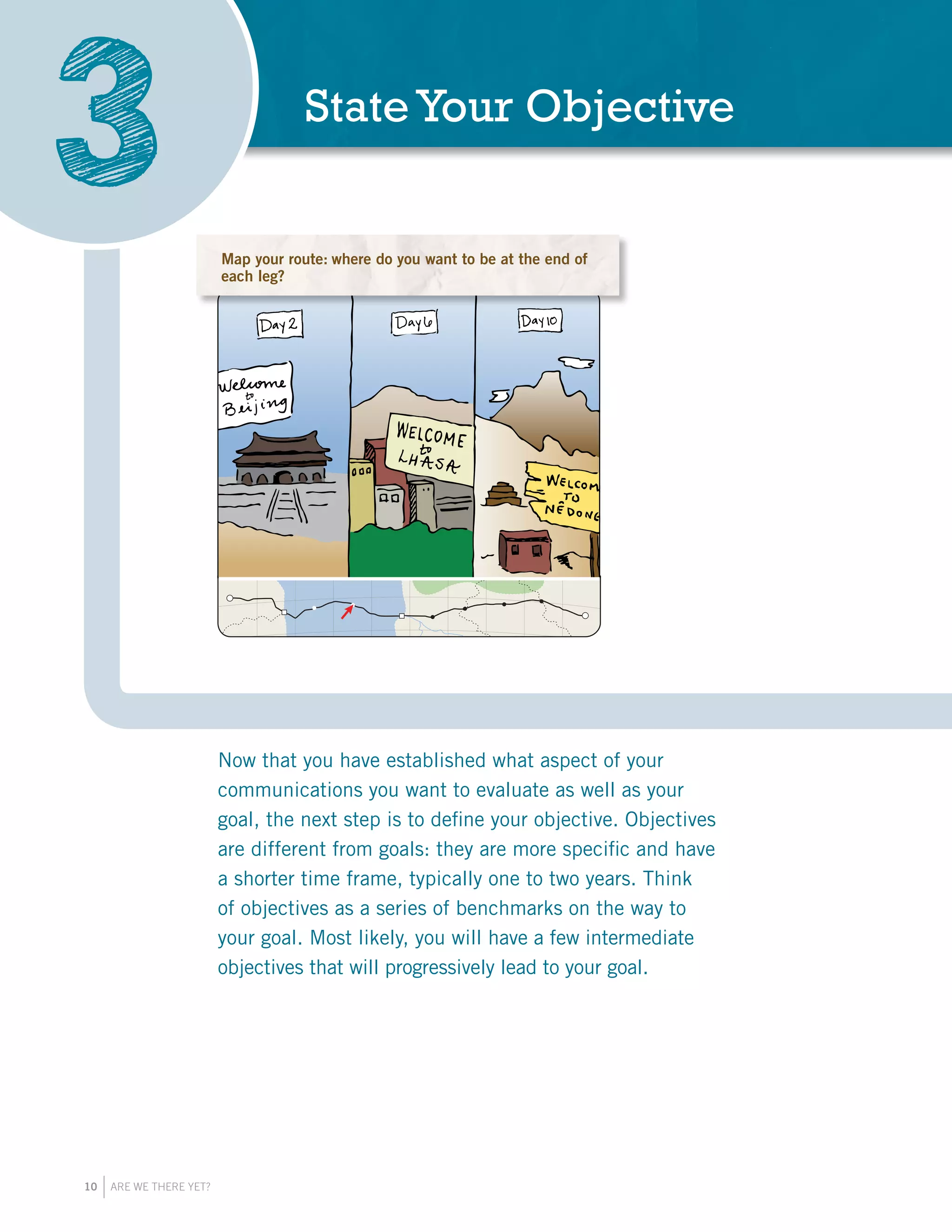 10 ARE WE THERE YET?
StateYour Objective
3 No one wants to travel a long distance, spend a lot of
money and somehow end up in the wrong place.
Evaluating your communications along the way can
help you to stay on track and reach your destination.PASSPORT
Now that you have established what aspect of your
communications you want to evaluate as well as your
goal, the next step is to define your objective. Objectives
are different from goals: they are more specific and have
a shorter time frame, typically one to two years. Think
of objectives as a series of benchmarks on the way to
your goal. Most likely, you will have a few intermediate
objectives that will progressively lead to your goal.
Map your route: what do you want to accomplish at
the end of each leg?
PASSPORT
Map your route: Where do you want to be at the end
of each leg?
Map your route: where do you want to be at the end of
each leg?
 