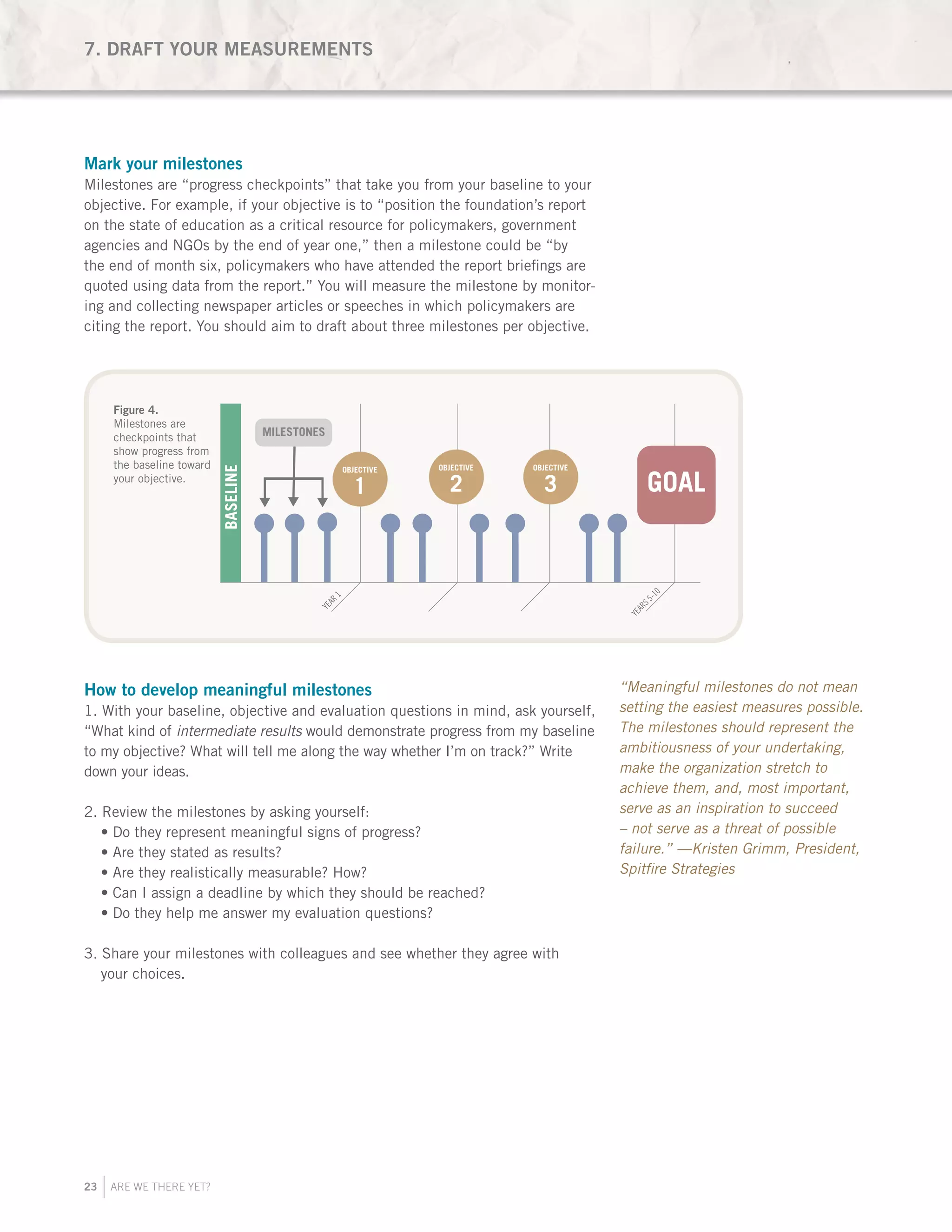 23 ARE WE THERE YET?
Mark your milestones
Milestones are “progress checkpoints” that take you from your baseline to your
objective. For example, if your objective is to “position the foundation’s report
on the state of education as a critical resource for policymakers, government
agencies and NGOs by the end of year one,” then a milestone could be “by
the end of month six, policymakers who have attended the report briefings are
quoted using data from the report.” You will measure the milestone by monitor-
ing and collecting newspaper articles or speeches in which policymakers are
citing the report. You should aim to draft about three milestones per objective.
How to develop meaningful milestones
1. With your baseline, objective and evaluation questions in mind, ask yourself,
“What kind of intermediate results would demonstrate progress from my baseline
to my objective? What will tell me along the way whether I’m on track?” Write
down your ideas.
2. Review the milestones by asking yourself:
• Do they represent meaningful signs of progress?
• Are they stated as results?
• Are they realistically measurable? How?
• Can I assign a deadline by which they should be reached?
• Do they help me answer my evaluation questions?
3. Share your milestones with colleagues and see whether they agree with
your choices.
7. DRAFT YOUR MEASUREMENTS
SUPPORTING ACTIVITIES
YEAR
1
YEARS5-10
YEARS5-10
YEAR
1
a goal.
Figure 2.
Objectives are the
intermediate steps
toward your goal.
OBJECTIVE
1
OBJECTIVE
2
OBJECTIVE
3 GOAL
YEARS5-10
YEAR
1
OBJECTIVE
1
OBJECTIVE
2
OBJECTIVE
3 GOAL
BASELINE
MILESTONES
COMMUNICATIONS
TARGET AUDIENCE
AUXILIARY
EVALUATION
AUDIENCES
Figure 4.
Milestones are
checkpoints that
show progress from
the baseline toward
your objective.
“Meaningful milestones do not mean
setting the easiest measures possible.
The milestones should represent the
ambitiousness of your undertaking,
make the organization stretch to
achieve them, and, most important,
serve as an inspiration to succeed
– not serve as a threat of possible
failure.” —Kristen Grimm, President,
Spitfire Strategies
 