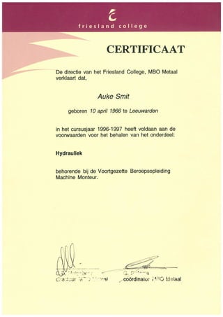 Certificat Hydraulics advanced mechanic training A.Smit