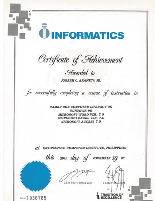 Informatics Certificate of Acheivement for CCL, Windows 95, MS 