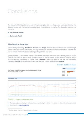 Conclusions

        The ﬁnal part of this Report is concerned with synthesizing the data from the previous sections and putting that
        data into context with the historical trends that show the evolution of the market. The discussion is broken into
        two parts:

        • The Market Leaders

        • Systems to Watch




        The Market Leaders
        For the third year running, WordPress, Joomla! and Drupal dominate the market share and brand strength
        ratings in the open source CMS market. The Big Three lead in almost every metric and we have seen little this
        year to indicate that their leadership is being challenged in the near term.

        A look at Exhibit 21, immediately below, shows a clear example of the sort of dominance enjoyed by the Big
        Three. In this chart, we see the levels of search interest for the ﬁve highest ranked systems 15 over the last 24
        months. Note that the weakest of the Big Three -- Drupal -- still enjoys a four to one lead over the nearest
        competitor, TYPO3, and a more than TEN to ONE lead over the ﬁfth ranked system, Liferay.

                                                                                                      Exhibit 21 - Top 5 Search Interest




        Exhibit 21: Notes on Interpretation

        •     The variance between the top 5 in the chart above and the top 5 in Exhibit 11 is due to the different time frames involved.
        •     View this online: http://goo.gl/vy8iu


        15   That is, ranked in terms of query volume on Google.


2010 Open Source CMS Market Share Report | 38
 
