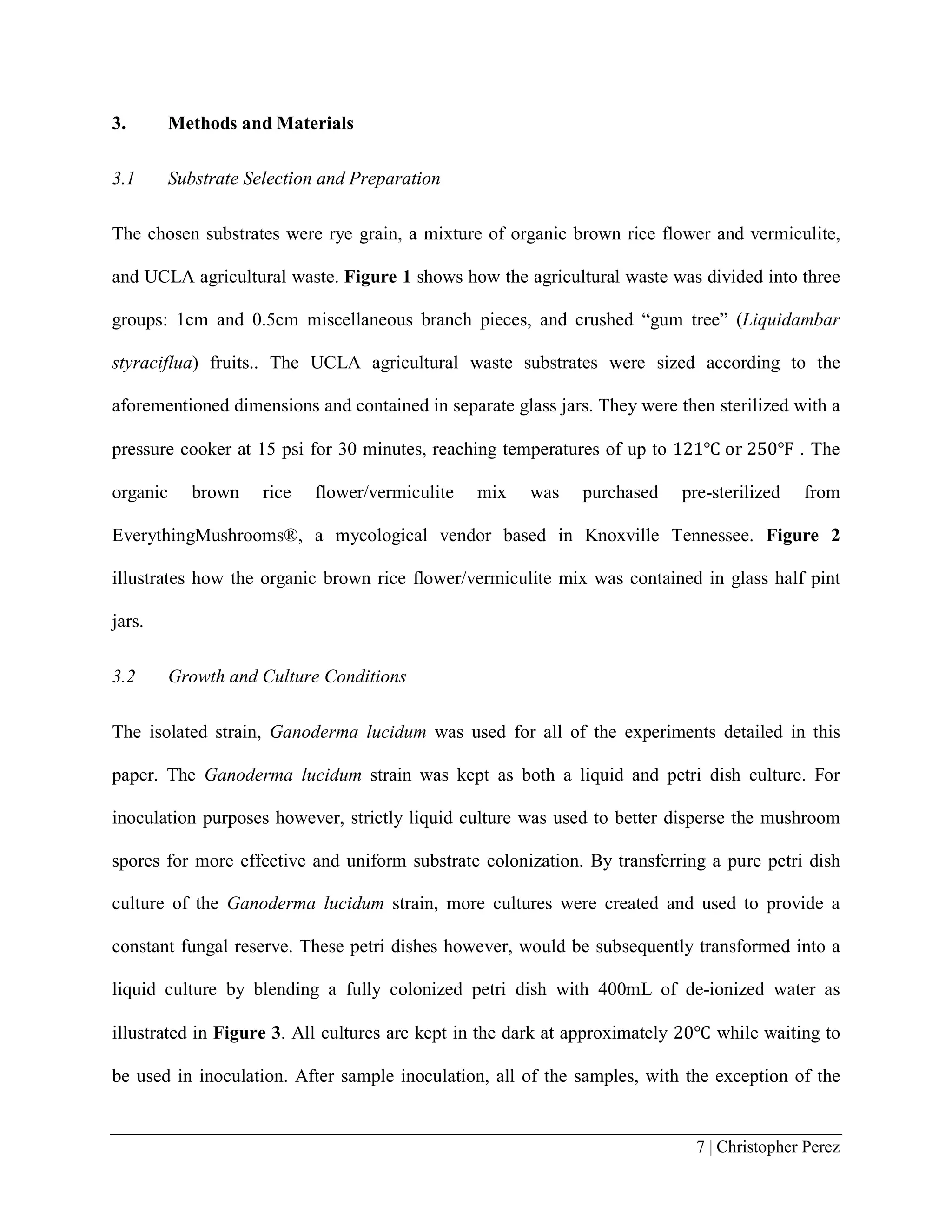 7 | Christopher Perez
3. Methods and Materials
3.1 Substrate Selection and Preparation
The chosen substrates were rye grain, a mixture of organic brown rice flower and vermiculite,
and UCLA agricultural waste. Figure 1 shows how the agricultural waste was divided into three
groups: 1cm and 0.5cm miscellaneous branch pieces, and crushed “gum tree” (Liquidambar
styraciflua) fruits.. The UCLA agricultural waste substrates were sized according to the
aforementioned dimensions and contained in separate glass jars. They were then sterilized with a
pressure cooker at 15 psi for 30 minutes, reaching temperatures of up to 121℃ or 250℉ . The
organic brown rice flower/vermiculite mix was purchased pre-sterilized from
EverythingMushrooms®, a mycological vendor based in Knoxville Tennessee. Figure 2
illustrates how the organic brown rice flower/vermiculite mix was contained in glass half pint
jars.
3.2 Growth and Culture Conditions
The isolated strain, Ganoderma lucidum was used for all of the experiments detailed in this
paper. The Ganoderma lucidum strain was kept as both a liquid and petri dish culture. For
inoculation purposes however, strictly liquid culture was used to better disperse the mushroom
spores for more effective and uniform substrate colonization. By transferring a pure petri dish
culture of the Ganoderma lucidum strain, more cultures were created and used to provide a
constant fungal reserve. These petri dishes however, would be subsequently transformed into a
liquid culture by blending a fully colonized petri dish with 400mL of de-ionized water as
illustrated in Figure 3. All cultures are kept in the dark at approximately 20℃ while waiting to
be used in inoculation. After sample inoculation, all of the samples, with the exception of the
 