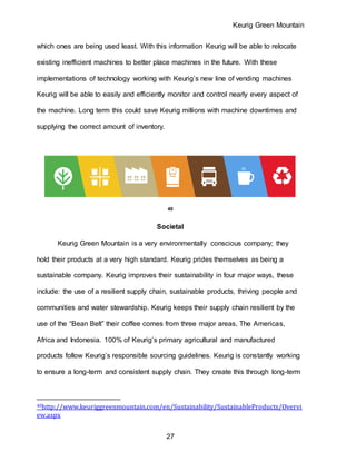 Keurig Green Mountain
27
which ones are being used least. With this information Keurig will be able to relocate
existing inefficient machines to better place machines in the future. With these
implementations of technology working with Keurig’s new line of vending machines
Keurig will be able to easily and efficiently monitor and control nearly every aspect of
the machine. Long term this could save Keurig millions with machine downtimes and
supplying the correct amount of inventory.
40
Societal
Keurig Green Mountain is a very environmentally conscious company; they
hold their products at a very high standard. Keurig prides themselves as being a
sustainable company. Keurig improves their sustainability in four major ways, these
include: the use of a resilient supply chain, sustainable products, thriving people and
communities and water stewardship. Keurig keeps their supply chain resilient by the
use of the “Bean Belt” their coffee comes from three major areas, The Americas,
Africa and Indonesia. 100% of Keurig’s primary agricultural and manufactured
products follow Keurig’s responsible sourcing guidelines. Keurig is constantly working
to ensure a long-term and consistent supply chain. They create this through long-term
40http://www.keuriggreenmountain.com/en/Sustainability/SustainableProducts/Overvi
ew.aspx
 