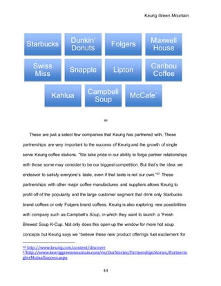 Keurig Green Mountain
44
66
These are just a select few companies that Keurig has partnered with. These
partnerships are very important to the success of Keurig and the growth of single
serve Keurig coffee stations. “We take pride in our ability to forge partner relationships
with those some may consider to be our biggest competition. But that’s the idea: we
endeavor to satisfy everyone’s taste, even if that taste is not our own.”67 These
partnerships with other major coffee manufactures and suppliers allows Keurig to
profit off of the popularity and the large customer segment that drink only Starbucks
brand coffees or only Folgers brand coffees. Keurig is also exploring new possibilities
with company such as Campbell’s Soup, in which they want to launch a “Fresh
Brewed Soup K-Cup. Not only does this open up the window for more hot soup
concepts but Keurig says we “believe these new product offerings fuel excitement for
66 http://www.keurig.com/content/discover
67http://www.keuriggreenmountain.com/en/OurStories/PartnershipsStories/Partnerin
gforMutualSuccess.aspx
Starbucks
Dunkin’
Donuts
Folgers
Maxwell
House
Swiss
Miss
Snapple Lipton
Caribou
Coffee
Kahlua
Campbell
Soup
McCafe`
 