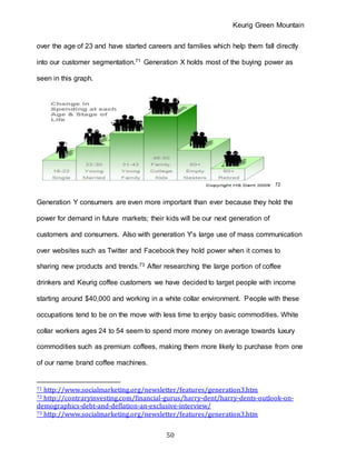 Keurig Green Mountain
50
over the age of 23 and have started careers and families which help them fall directly
into our customer segmentation.71 Generation X holds most of the buying power as
seen in this graph.
72
Generation Y consumers are even more important than ever because they hold the
power for demand in future markets; their kids will be our next generation of
customers and consumers. Also with generation Y’s large use of mass communication
over websites such as Twitter and Facebook they hold power when it comes to
sharing new products and trends.73 After researching the large portion of coffee
drinkers and Keurig coffee customers we have decided to target people with income
starting around $40,000 and working in a white collar environment. People with these
occupations tend to be on the move with less time to enjoy basic commodities. White
collar workers ages 24 to 54 seem to spend more money on average towards luxury
commodities such as premium coffees, making them more likely to purchase from one
of our name brand coffee machines.
71 http://www.socialmarketing.org/newsletter/features/generation3.htm
72 http://contraryinvesting.com/financial-gurus/harry-dent/harry-dents-outlook-on-
demographics-debt-and-deflation-an-exclusive-interview/
73 http://www.socialmarketing.org/newsletter/features/generation3.htm
 