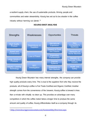 Keurig Green Mountain
8
a resilient supply chain, the use of sustainable products, thriving people and
communities and water stewardship. Keurig has set out to be a leader in the coffee
industry without harming our planet. 6
KEURIG SWOT ANALYSIS
Keurig Green Mountain has many internal strengths, the company can provide
high quality products every time. This is due to the suppliers from who they receive the
products; all of Keurig’s coffee is Fair Trade Certified and Organic Certified. Another
strength comes from the convenience of the brewers; Keurig coffee is brewed in less
than a minute with virtually no clean up. This provides an advantage over many
competitors in which the coffee maker takes a longer time to produce the same
amount and quality of coffee. Keurig differentiates itself as a company through its
6 http://www.keuriggreenmountain.com/Sustainability/Overview.aspx
Strengths
High Quality
Product
Speed and
Convenience
Large Variety of
Products
Industry Leading
Technology
Weaknesses
Dependance on
Suppliers
Loss of Patent
SEC
Investigation
Opportunites
International
Expansion
Expand to Food
and Snacks
Expanding
Partnerships
Improve
Systems
Expansion to
New Markets
Threats
New
Competitor's
Machines
Starbucks at
Home Machine
Intensity of
Specialty Coffee
Industry
Health and
Safety
 