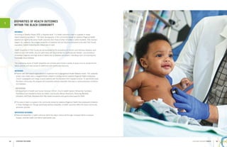 STRATEGIES FOR CHANGE34 35LAKELAND REGIONAL HEALTH
DISPARITIES OF HEALTH OUTCOMES
WITHIN THE BLACK COMMUNITY
RATIONALE
According to Healthy People 2020, a disparity exists “if a health outcome is seen in a greater or lesser
extent between populations.” The black demographic of the community served by Lakeland Regional Health
experiences signiﬁcantly worse health outcomes than those of other minorities or white residents. Polk County’s
largest city, Lakeland, has a larger proportion of residents who are black as compared to the total Polk County
population, further impacting this critical area of need.
Health disparities in Polk County are demonstrated by the prevalence of chronic and infectious diseases, poor
maternal and child health, and are particularly well documented for cardiovascular disease. Low prevalence
of diabetes diagnosis and high levels of deaths due to diabetes are evident, indicating a lack of screening and
knowledge about diabetes.
The underlying causes of health disparities are complex and include a variety of issues such as socioeconomic
status, poverty, and poor access to healthcare and community resources.
INITIATIVES
// Partner with faith-based organizations to implement the Congregational Health Network model. This nationally
proven care model uses a navigator/liaison network including trained Lakeland Regional Health employees,
church congregants and clergy to assist patients with the transition from hospital to home. To speciﬁcally assist
the black community, this program will proactively address disparities that exist in cardiopulmonary conditions
and diabetes.
REFERENCE
US Department of Health and Human Services. (2014). Church-Health System Partnership Facilitates
Transitions From Hospital to Home for Urban, Low-Income African Americans, Reducing Mortality,
Utilization, and Costs. Retrieved from http://www.innovations.ahrq.gov/content.aspx?id=3354.
// This area of need is so great in the community served by Lakeland Regional Health that subsequent initiatives
in these Strategies for Change speciﬁcally address disparities of health outcomes within the black community
whenever possible.
ANTICIPATED OUTCOMES
// Reduced disparities in health outcomes within the black community through increased efforts to prevent
disease, promote health and deliver appropriate care.
1
 
