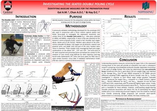 The Shoulder Joint’s natural architecture produces
the largest range of motion. Mechanical design
warrants a reduction in structural integrity
throughout 3-dimensions with diminished
confidence to produce loadbearing stability. The
hip joint’s architecture promotes structural
compliancy through maximal loadbearing mobility.
.
INVESTIGATING THE SEATED DOUBLE POLING CYCLE
IDENTIFYING BASELINE MEASURES FOR THE PREPARATION PHASE
Gal A.M. 1, Chan A.D.C.1 & Hay D.C.2
INTRODUCTION PURPOSE
Figure 1: Sledge hockey players sit strapped into
a plastic/carbon-fibre bucket on top of 2 skate
blades, legs extended down an aluminum frame
to a footrest balanced by a triangular contact
point, the front. Miniature sticks consist of left
and right elongated blades with metal picks/
teeth at the opposite end to grip the contact
surface.
A previously validated methodology developed for the prototype (EX)
was used in conjunction with a Vicon motion capture system and
Kistler force-plate to investigate the downward movement and
contact force of the shoulder joint-centre (SJC) ; data were collected
at 200Hz and 800Hz, respectively. A velcro strap was attached to the
forearm’s centre-of-gravity (CoG), raised to test shoulder start angles
above, below and at the horizon. Markers were placed at the joint-
centres (shoulder & elbow), CoG (upper arm & forearm), anterior and
posterior wrist, and blade, joint and pick of the stick; markers were
14mm in diameter. Three useable trials investigating fixed joint angle
combinations at the elbow 120o , 135o and 150o , and wrist-stick at
45o were acquired and processed (time-normalized pre contact to the
initiation of stick recoil) using MATLab for both trajectory (zero-lag
fourth-order Butterworth LPF 12Hz) and force plate (no filter due to
rapid contact duration <5ms) data. A validated mathematical model
(CN) was used as a control (2-dimensional [x,z]).
Paralympic Sledge Hockey is a high-
velocity high-impact sport dependent
upon the shoulder’s structural
integrity in two ways:
1) the nature of the sport sanctions
full body-contact; the shoulder is the
most prominent exterior point of
contact constrained to withstand/
absorb impact forces
2) locomotion is produced solely
from the shoulder joint in a double
poling fashion where speed and
quickness are dependent upon force-
duration impact cycles (Impulse
[N∙s]).
Figure 2: Upright (top) and Seated (bottom) doubled poling consist of propulsion (PRO) the contact phase
picks with terrain; pick-plant to pick-off, and recovery (REC) return phase of the cycle; no direct contact with
terrain. Seated double poling introduces a third phase preparation (PREP); short pole length full arm
extension to pick-plant (sledge hockey/alpine sit-skiing) or longer pole length pick-off to initiation of return
of forward cycle (cross country sit-skiing). Direct biomechanical benefit for the addition of this phase into the
complete cycle is currently unknown warranting investigation.
RESULTS
CONCLUSION
Identify baseline measures for the preparation phase within the linear
stroking cycle for the sport of sledge hockey.
METHODOLODY
Figure 3. A solid-static prototype
(top – NOT test position)
architecturally designed from US
Marine Corp personnel data and
standardized parameters for
segment shape, length and mass
was built to represent a single
armed average adult male (80kg)
with dynamic shoulder joint. The
prototype was fastened to a
sledge hockey sledge (fixed hip
angle +40o from the horizon) and
weights placed in the bucket to
allow free stance. Two plastic
washers (4.00cm in diameter)
were used to decrease friction at
the dynamic joint. Two 1.30kg
wrist-weights were attached to
the upper arm in a stretched out
fashion (lateral & medial) with an
overlap at CoG mimicking arm
morphology. A 1.20kg ankle-
weight was attached to the lateral
forearm in a stretched out
fashion.
Obtaining baseline measures for
external forces concerning the
upper limb throughout this
downward movement allows for
comparison against internal forces
either supporting or dismissing
the assumptions required to be
made when investigating dynamic
movement.
Bernardi, M., Janssen, T., Bortolan L., Pellegrini, B., Fischer, G. & Schena, F. (2013). Kinematics of cross-country sit skiing during a paralympic race. Journal of Electromyography and
Kinesiology, 23, 94-101.
Gal AM, Hay DC & Chan ADC. (2014) 2 and 3-dimensional analysis of the linear stroking cycle in the sport of sledge hockey: Glenohumeral joint kinematic, kinetic and surface EMG
muscle modelling on and off ice. 13th 3D AHM :108-111 ISBN 9782880748562.
Gal AM, Chan ADC & Hay DC. (2015). Validating a solid-static single-armed male prototype tasked to produce dynamic movement from the shoulder through the preparation phase.
IFMBE Proceedings.
Holmberg, H., Lindinger, S., Stoggl, T., Eitzlmair, E. & Muller, E. (2005). Biomechanical analysis of double poling in elite cross-country skiers. Medicine & Science in Sports & Exercise,
37(5):807-818.
Lomond, K. & Wiseman, R. (2003). Sledge hockey mechanics take toll on shoulders: Analysis of propulsion technique can help experts design training programs to prevent injury.
Journal of Bio-mechanics, 10( 3): 71-76.
Veeger, H.E.J., & van der Helm F.C.T. (2007). Shoulder function: The perfect compromise between mobility and stability. Journal of Biomechanics, 40, 2119-2129.
Acknowledgement M. Lamontagne (Human Movement Biomechanics Laboratory), B. Hallgrimsson (Industrial Design) & M. Haefele (Research Assistant)
1 2
Understanding baseline measures concerning the upper limb in this downward
moving phase of the cycle will provide an evaluation tool used in subsequent
research comparing musculoskeletal produced shoulder dependent locomotion
in the sport of sledge hockey. This study has determined that non-contractile
forces transferred onto the SJC were about 22X arm weight (5kg), near identical
to CN. Average RxnNet from EX was 1083N compared to CN 1080N; percent
difference equalling 0.28% suggesting all forces transfer onto the SJC. Further
investigation is required as each elbow angle ranked greatest; extended
forearm produced the largest RxnVert compared to a flexed forearm, highest
RxnHorz. Percent difference for RxnVert and RxnHorz between EX and CN were
2.01% and 0.32%, respectively, with EX producing slightly higher values. Finally,
45.3Nm of torque occurred anticlockwise about the SJC. Trauma to the shoulder
joint is inevitable for these athletes, however, understanding weight-bearing
shoulder produced locomotion will reduce the risk of overloading this highly
mobile joint in turn reinforcing structural integrity. From this evidence maximal
force transfer producing sledge propulsion will promote sport-specific
advancement in a necessary but basic skillset; the linear stroking cycle.
Figure 4: Peak RxnVert (red) for 120o (top left), 135o (top right) and 150o (bottom left) elbow angles were 860N, 810N and
1013N, respectively. Peak RxnHorz (green) for 120o, 135o and 150o were 716N, 571N and 629N, respectively. Peak RxnML
(blue) for 120o, 135o and 150o were 187N, 240N and 118N, respectfully. Peak RxnNet (bottom right) for 120o (__), 135o (--),
150o (-.-) were 1134N (23.1∙BW), 1119N (20.3 ∙ BW) and 997N (22.8 ∙ BW), respectfully. *BW = arm mass (49N)
REFERENCES & ACKNOWLEDGMENT
 