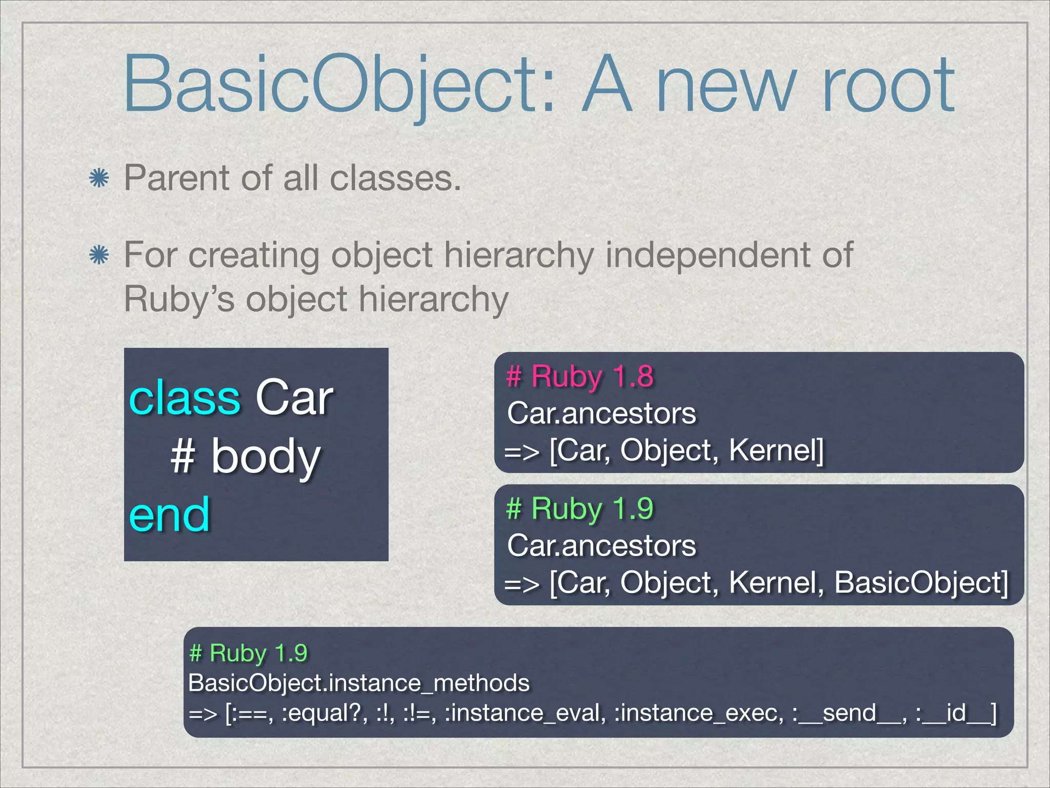 BasicObject: A new root
Parent of all classes.

For creating object hierarchy independent of
Ruby’s object hierarchy
class Car

# body

end
# Ruby 1.8

Car.ancestors

=> [Car, Object, Kernel]
# Ruby 1.9

Car.ancestors

=> [Car, Object, Kernel, BasicObject]
# Ruby 1.9

BasicObject.instance_methods

=> [:==, :equal?, :!, :!=, :instance_eval, :instance_exec, :__send__, :__id__]

 