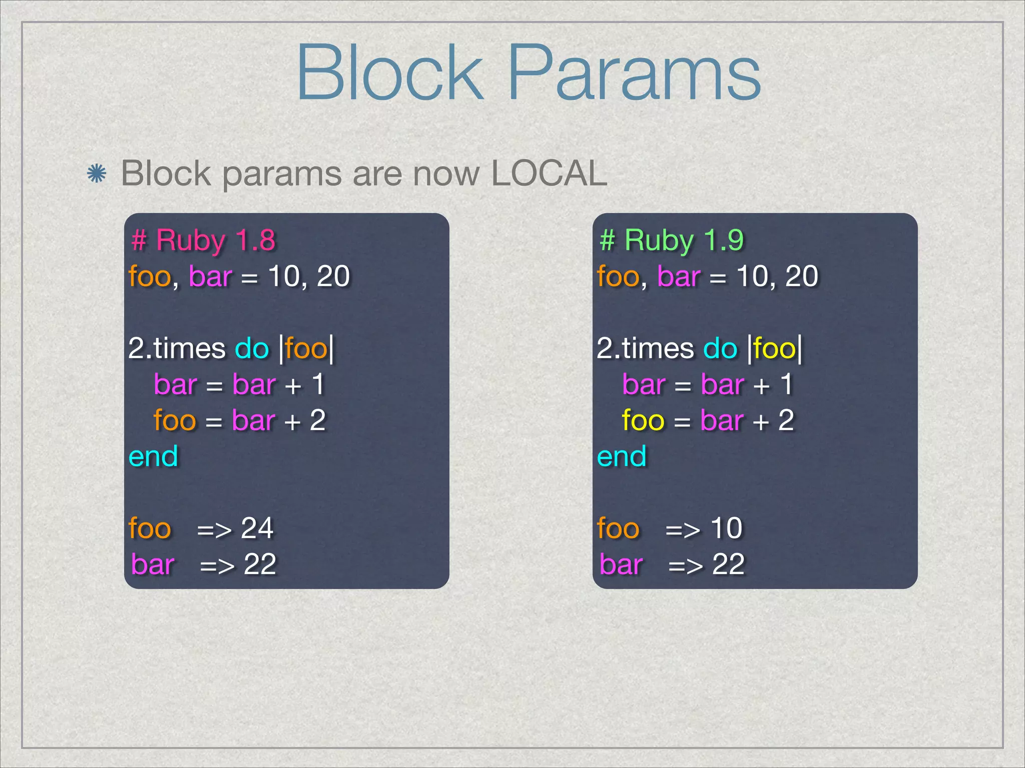 Block Params
Block params are now LOCAL
# Ruby 1.8

foo, bar = 10, 20

!
2.times do |foo|

bar = bar + 1

foo = bar + 2

end

!
foo => 24

bar => 22
# Ruby 1.9

foo, bar = 10, 20

!
2.times do |foo|

bar = bar + 1

foo = bar + 2

end

!
foo => 10

bar => 22
 