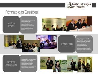Aqui, os painelistas tem a
oportunidade de,
moderados por um
especialista do setor,
expressar sua opinião e
experiência acerca de
temas pré definidos e
tópicos
Este formato de sessão é
privilegiado pela interação
e pela profusão de idéias,
com vários insights
oferecidos pelos
palestrantes e que
objetiva acelerar o
aprendizado por meio da
interação com a audiência
Esta sessão é composta de
palestras sobre temas
específicos e que são
debatidas ao final das
apresentações pelos
palestrantes, moderador e
participantes do evento.
 