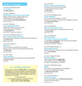 Il TuttOrecchiBus!
Cento anni fa nasceva Roald Dahl, un grandissimo,
anzi gigantesco, scrittore per ragazzi. La piccola invasione
lo festeggia con una maratona di letture eccezionale: tutti
gli autori del festival sono invitati a leggere i suoi libri a
bordo del TuttOrecchiBus, inoltre le letture sul bus non si
prenotano, si va e si viene.
Venite ad ascoltarli!
Venerdì, sabato e domenica, in piazza del Teatro,
dalle 16 alle 19 senza prenotazione.
Legge e dirige il traffico Elena Mez.
Sabato 4 giugno
ore 9.30 • Tecnologic@mente
Le cavallette
con Marco Peroni
ore 10-11 • Biblioteca
Dall’Olimpo a New York, e poi in Italia
Viaggio nella traduzione italiana della serie
di Percy Jackson e gli dei dell’Olimpo
con la traduttrice Loredana Baldinucci
dai 10 anni in su
ore 10-11 • Biblioteca
Cosa leggo quest'estate?
Suggerimenti di lettura per le vacanze
con una giornalista eccezionale
con Sara Marconi
per genitori, insegnanti, educatori
ore 10-12 • Tecnologic@mente 4€
Due occhi, un naso, una bocca
Espressioni della multietnicità, volti del nostro immaginario
con Gek Tessaro
dagli 8 anni in su
ore 10.30-12 • ZAC! 4€
Bestiacce!
Come inventare un animale che non esiste?
Disegna, scrivi e inventa il mondo della tua bestiaccia
con Pino Pace
dai 6 anni in su
ore 11-12 • ZAC!
I pesci parlanti
Laboratorio di lettura e scrittura di storie in simboli PCS
con Enza Crivelli
4-6 anni
ore 15-16 • ZAC!
Haiku, la poesia piccola piccola
Una poesia che arriva da molto lontano
e che possono fare piccoli e grandi
con Pino Pace
dai 10 anni in su
ore 15-16 • Tecnologic@mente
Nelson Mandela
Ci sono uomini che cambiano il mondo:
la loro storia ci insegna a diventare più coraggiosi e più forti
con Tommaso Percivale
dai 7 anni in su
ore 15-16 • Biblioteca
Tinte forti per calzini vivaci
Laboratorio di pittura con stampini di patate e mele
con Irene Frigo
dai 4 anni in su
ore 15-16 • Biblioteca
I libri di Camilla
Nove editori uniti per l’accessibilità
con uovonero, Giralangolo e gli altri editori del progetto
introduce Sante Bandirali
per genitori, educatori, insegnanti
ore 16.30 • Teatro Giacosa 5€
Il circo delle nuvole
Spettacolo di teatro disegnato, dal vivo con lavagna luminosa
di e con Gek Tessaro
per tutti
ore 16-19 • Piazza del Teatro
TuttOrecchiBus
Oggi si legge Matilde di Roald Dahl
con la guida spericolata di Elena Mez
per tutti, con la precedenza ai bambini
ore 18-19 • Tecnologic@mente
Maffin
L’avventura di un quattordicenne mingherlino
per non far scombussolare il tempo
con Massimo De Nardo
dai 9 anni in su
ore 21 • Museo Garda 4€
La parola magica
Visita animata alla mostra di Rebecca Dautremer
sarà presente l’illustratrice
dai 5 anni in su
 