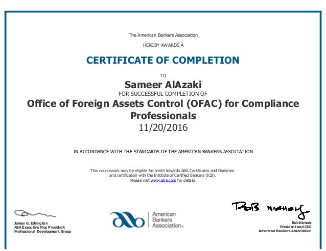 Certificate For Aba Ofac Course