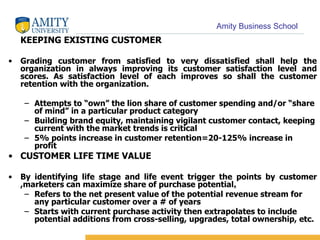 KEEPING EXISTING CUSTOMER Grading customer from satisfied to very dissatisfied shall help the organization in always improving its customer satisfaction level and scores. As satisfaction level of each improves so shall the customer retention with the organization. Attempts to “own” the lion share of customer spending and/or “share of mind” in a particular product category Building brand equity, maintaining vigilant customer contact, keeping current with the market trends is critical 5% points increase in customer retention=20-125% increase in profit CUSTOMER LIFE TIME VALUE By identifying life stage and life event trigger the points by customer ,marketers can maximize share of purchase potential . Refers to the net present value of the potential revenue stream for any particular customer over a # of years Starts with current purchase activity then extrapolates to include potential additions from cross-selling, upgrades, total ownership, etc. 