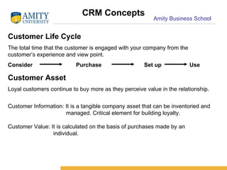 CRM Concepts Customer Life Cycle The total time that the customer is engaged with your company from the customer’s experience and view point. Consider Purchase Set up Use Customer Asset Loyal customers continue to buy more as they perceive value in the relationship. Customer Information: It is a tangible company asset that can be inventoried and   managed. Critical element for building loyalty. Customer Value: It is calculated on the basis of purchases made by an individual. 