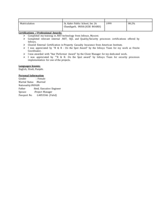 Matriculation St. Kabir Public School, Sec 26
Chandigarh, INDIA (ICSE BOARD)
1999 80.2%
Certifications / Professional Awards:
 Completed my training in .NET technology from Infosys, Mysore.
 Completed relevant internal .NET, SQL and Quality/Security processes certifications offered by
Infosys.
 Cleared External Certification in Property Casualty Insurance from American Institute.
 I was appreciated by “R & R - On the Spot Award” by the Infosys Team for my work as Onsite
Coordinator.
 I was awarded with “Star Performer Award” by the Client Manager for my dedicated work.
 I was appreciated by “”R & R- On the Spot award” by Infosys Team for security processes
implementation for one of the projects.
Languages known:
English, Hindi, Punjabi.
Personal Information
Gender : Female
Marital Status :Married
Nationality:INDIAN
Father :Retd. Executive Engineer
Spouse :Project Manager
Passport No :L4853346 (Valid)
 