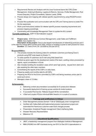  Requirements Review and Analysis with the cross functional teams like CPE (Order
Management, Ordering & Booking, Logistics & Returns, Services, Profile Management, Post
Invoice Disputes), Project Consultants, Solution Leads, GPMs
 Process design and mapping with release specific requirements by using PEGA/Provision
Tools
 Process flow publication and communication with the CPE and Training teams to create Pre-
Go live awareness
 Work Level Instructions creation for release specific process impacting requirements and
process mapping accordingly
 Coordinating with Knowledge Management Team to update the WLI content
Currently working on: Q3FY15 Normalization support
02 Project name: SCM (Service Contract Management): under Sales and Fulfillment
Client: Cisco System Inc
Description of the project: Cisco is the largest manufacturers of networking products and it
is the client for Infosys BPO Limited since 2002. Infosys is handling a quote to cash process for Cisco.
Duration: 3.5 Years (From 7th -Jul-2009 to 2nd-Jan-2013)
Responsibilities:
 This process includes the booking orders for worldwide customers purchasing Cisco’s
products using ERP tools based on Oracle 11i.
 To solve queries of customers via E-mail using Web based tool.
 Worked as senior agent for the development needs of the team, auditing orders processed by
agents, report consolidation in Excel.
 Also includes handling the escalation cases which were high priority request form client and
also assisting the other team members
 Consolidating the reports of the CSR’s on daily basis.
 Preparing weekly and monthly data for all CSR’s
 Preparing the RCA for the Errors committed by CSR’s and taking necessary action plan to
avoid such errors.
 Managed a team of 15 folks.
Achievements:-
 Delivering content documentation successfully for 6 consecutive releases
 Successful deployment of training across vendors & onsite locations
 4 successful Post Go-live Release Support till the normalization
 I-Start and couple of Extra individual Miler Awards on a couple of occasions.
Trainings and certifications in Infosys
 Order Management practice Domain T100 & T200(Supply chain management)
 Certified with Yellow Belt and Implemented process improvement project and
automated the Flextronics customer order book changes process.
 Presentation /Analytical /People management/ Client interfacing Skills
 Disaster Recovery Representative
 Milestone 3.0
Educational Qualifications
 JMLP, a leadership management program from Welingkar Institute of Management
 MBA (PGDM) from IMT-Gaziabad during Jan-2012 to Dec-2013 (specialization in
 