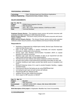 PROFESSIONAL EXPERIENCE:
Technology Web / Windows based and Client/Server Applications.
Software Engineering Requirements Study, Analysis, Testing.
MAJOR ASSIGNMENTS:
Apr ‘14 – Oct ‘14
Project: PRISM Global Integration Services
Client RBC Royal Bank
Environment: WCF, .NET 3.5/C#, Sybase database, SOAPSonar & MKS
Role: Technical Developer
Employee Enquiry Service : The employee enquiry service will provide consumers with
employee information maintained in ODS enterprise directory
Branch Enquiry Service : The branch enquiry service will provide consumers with branch
details in addition
BPSA Account Enquiry Service : The Account Enquiry service shall provide operation
methods to obtain Account positions, Account Balance and Account Activity information
Responsible for:
• Application is fragmented into multiple layers namely, Service Layer, Business logic
Layer and Data Access Layer.
• Each of the layers performs a specific functionality and ensures requested
information is reliably sent to the consumers.
• Service Layer uses Windows Communication Foundation (WCF) to expose
operations for external consumers
• Business Logic Layer does the translation of data as per requirement and also
might include business logic in future implementations
• The Data Source layer interacts with Sybase database to retrieve information.
• All layers have access to track performance parameters (time taken for each call).
• Exception handling at each layers provide help identify source of exceptions and
errors.
• Microsoft Enterprise Library 5.0 is used to provide Exception Handling , Logging
and Data Access
• Performance & Service Call testing we are using SOAPSonar tool
• Unit testing for each layer and each servies call methods
• Prepared the IMP and Release bundle
• Updating TDD and other related documentation
• Given support to IMP execution on QA/UAT
Sep ‘13 – Mar ‘14
Project: BlackBox
Client RBC Royal Bank
Environment: .ASP.NET 3.5/C#, WCF, J-Query, SQL Server 2005 & MKS
Role: Technical Developer
Brief description of the project: UI Application: BlackBox has 2 level of accessibility.
A.S.SIVAPRAKASH
Page 2 of 5
 