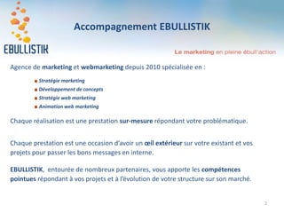 Accompagnement EBULLISTIK
Agence de marketing et webmarketing depuis 2010 spécialisée en :
Stratégie marketing
Développeme...